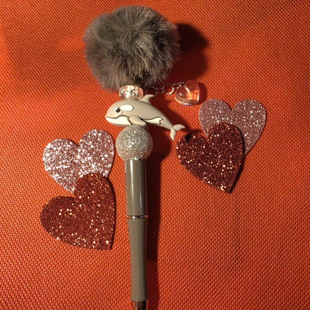 Gray Pom Pom Dolphin Pen with Dangling Heart Charm